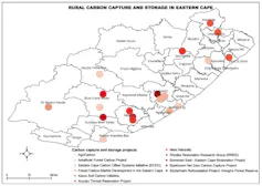A map of the Eastern Cape with dots where the carbon capture projects are located
