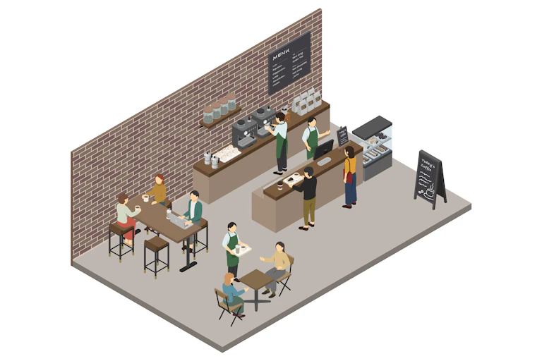 An isometric illustration of the interior of a cafe with a brick wall, people sitting at tables, and baristas taking orders.