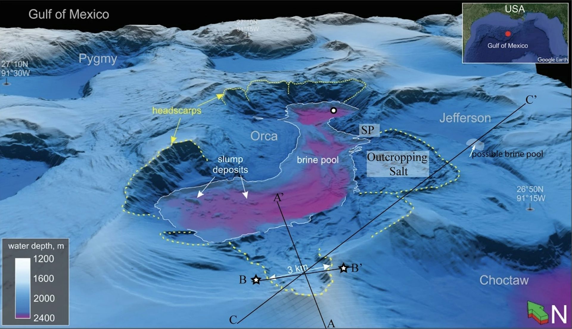 A topographic map shows brine pools in the Gulf floor.