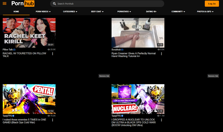 A black and orange webpage with four video advertisements.