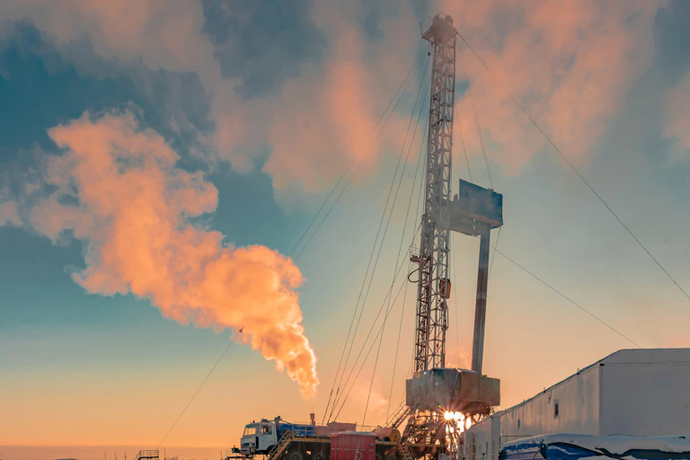 Planta de perforación de petróleo y gas en el círculo polar ártico.