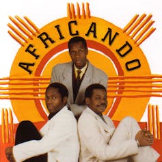 An album cover featuring three African men in suits and a bright orange circular illustration behind them.