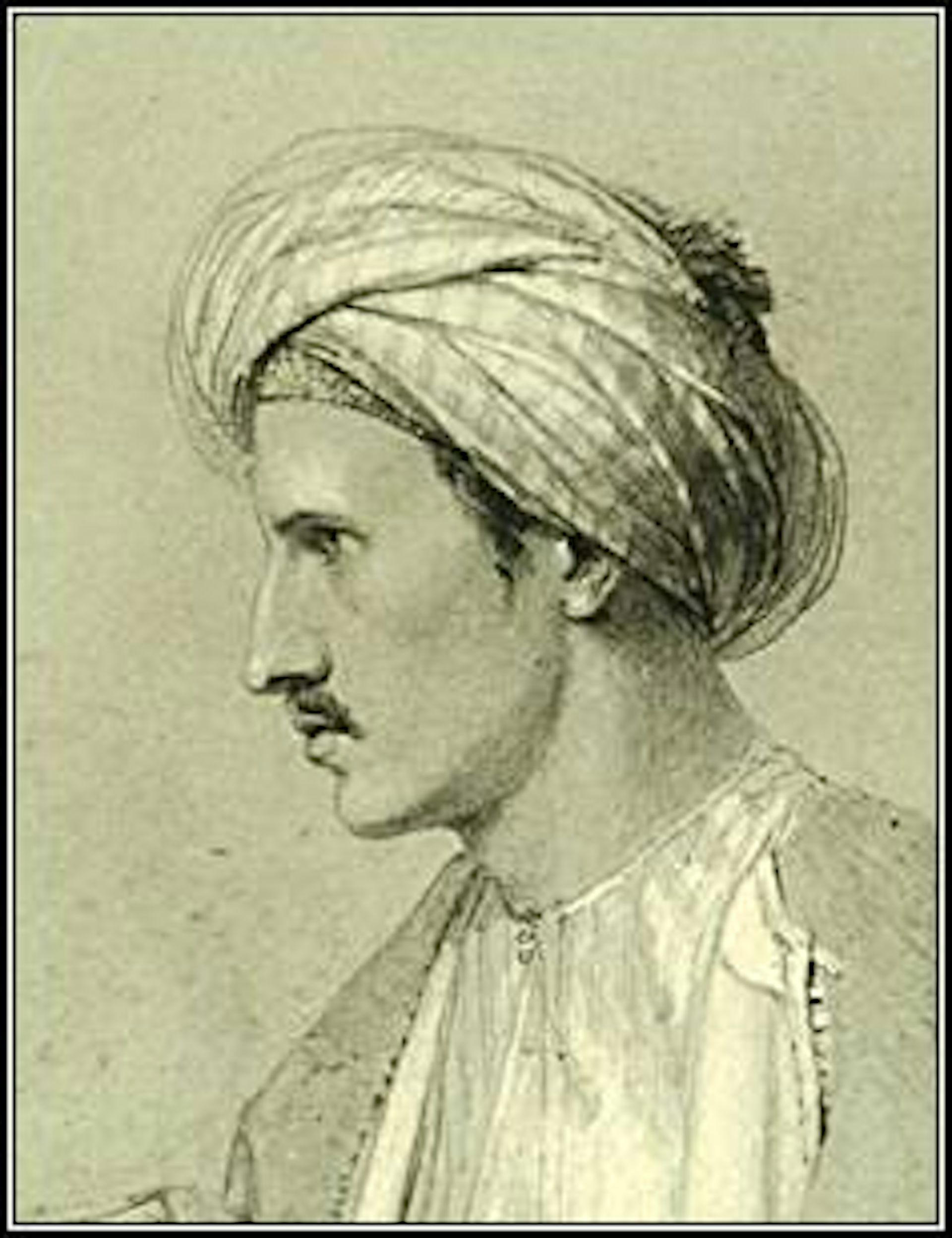 An sepia toned illustration of a white man in middle-Eastern dress.
