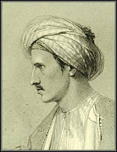An sepia toned illustration of a white man in middle-Eastern dress.