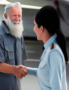 Una azafata saluda a un hombre en una imagen hecha con IA.