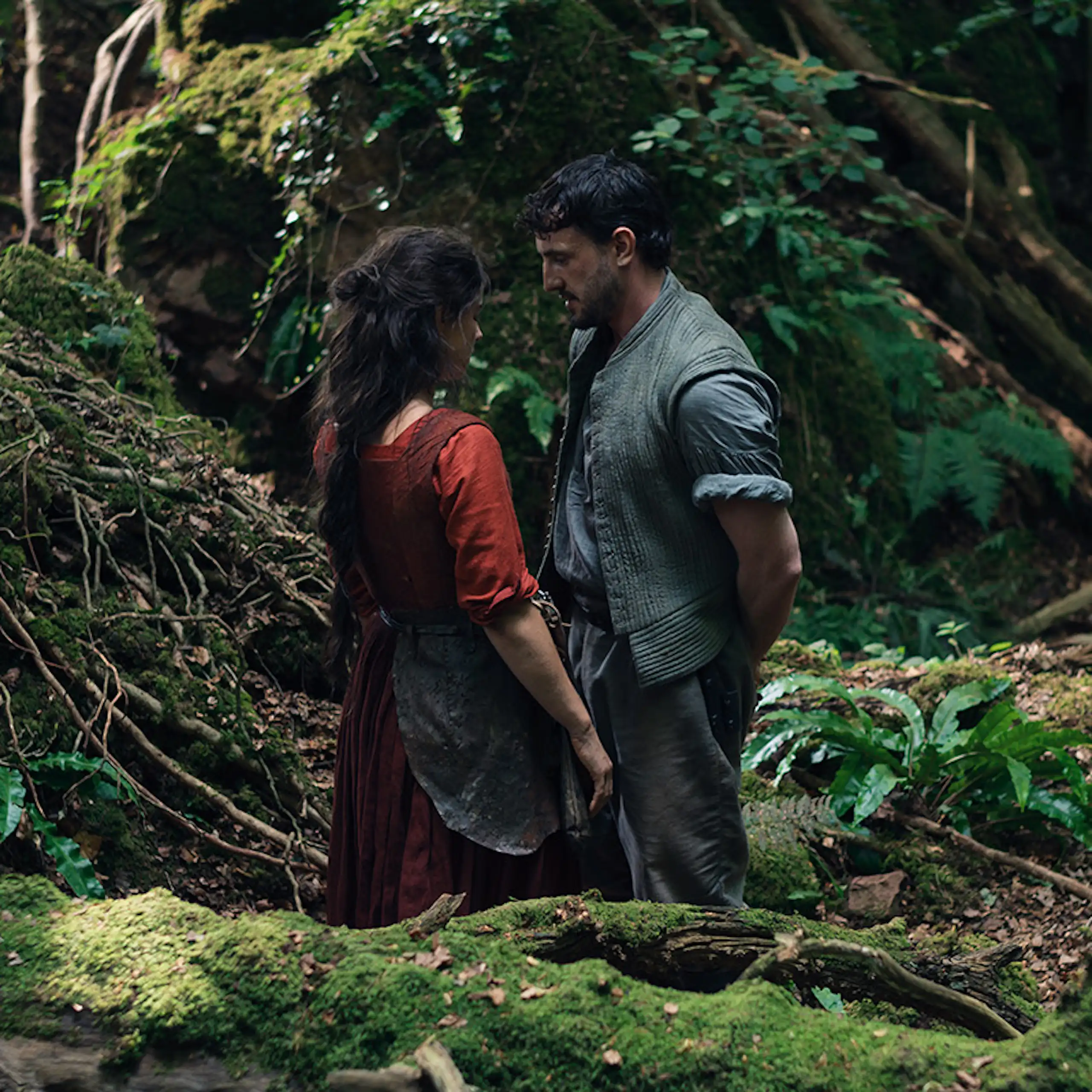 Una pareja se mira en el bosque.