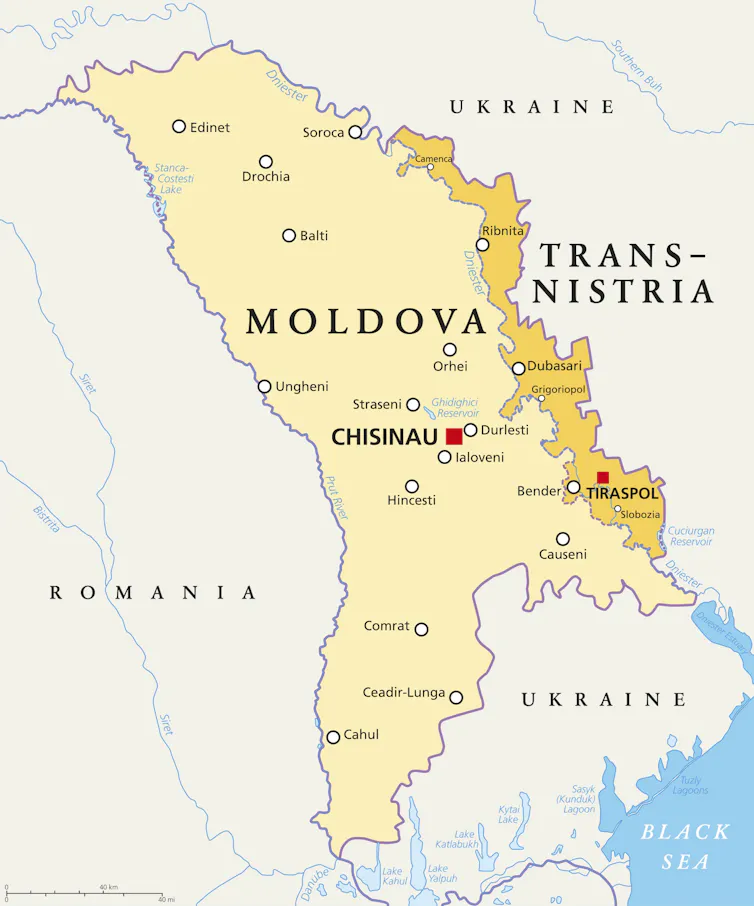 A map of Moldova, with the breakaway republic of Transnistria located in the east of the country.