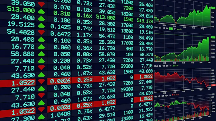 A detailed stock market data display showing various stock prices, graphs, and numbers on a digital screen