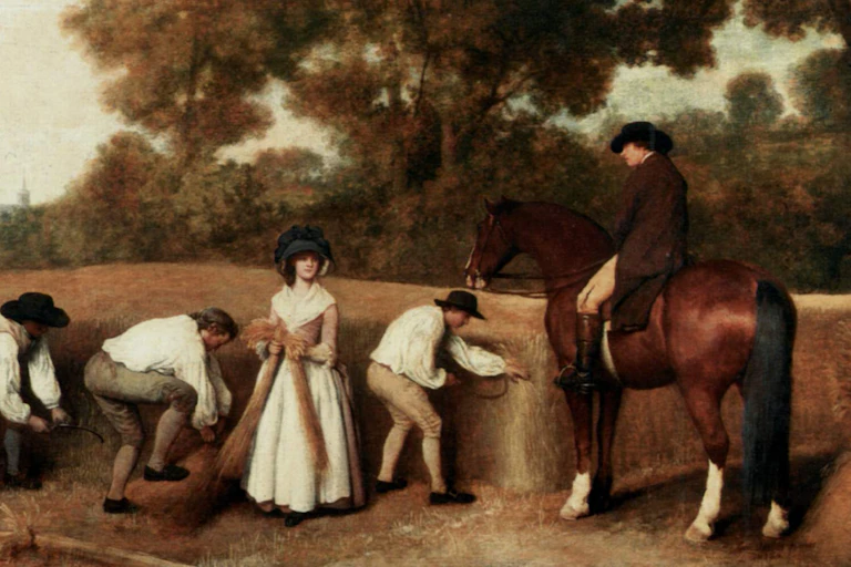 Harvesters labor in a field in while a man on horseback looks on.
