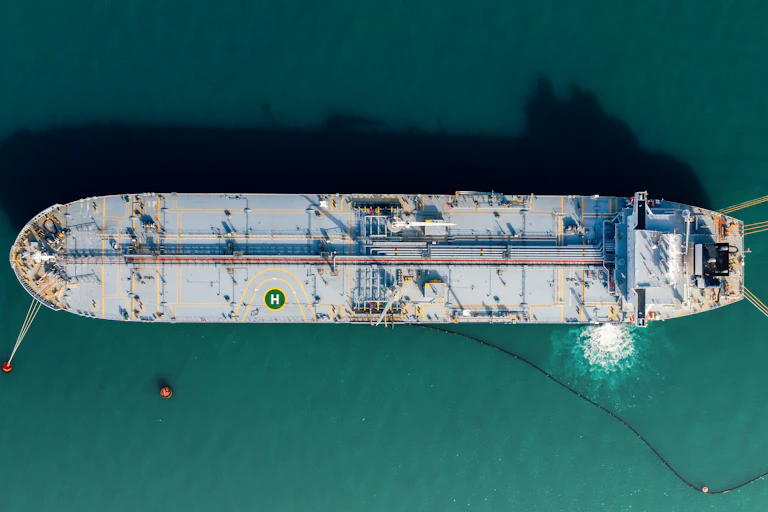 An oil tanker seen from directly above.