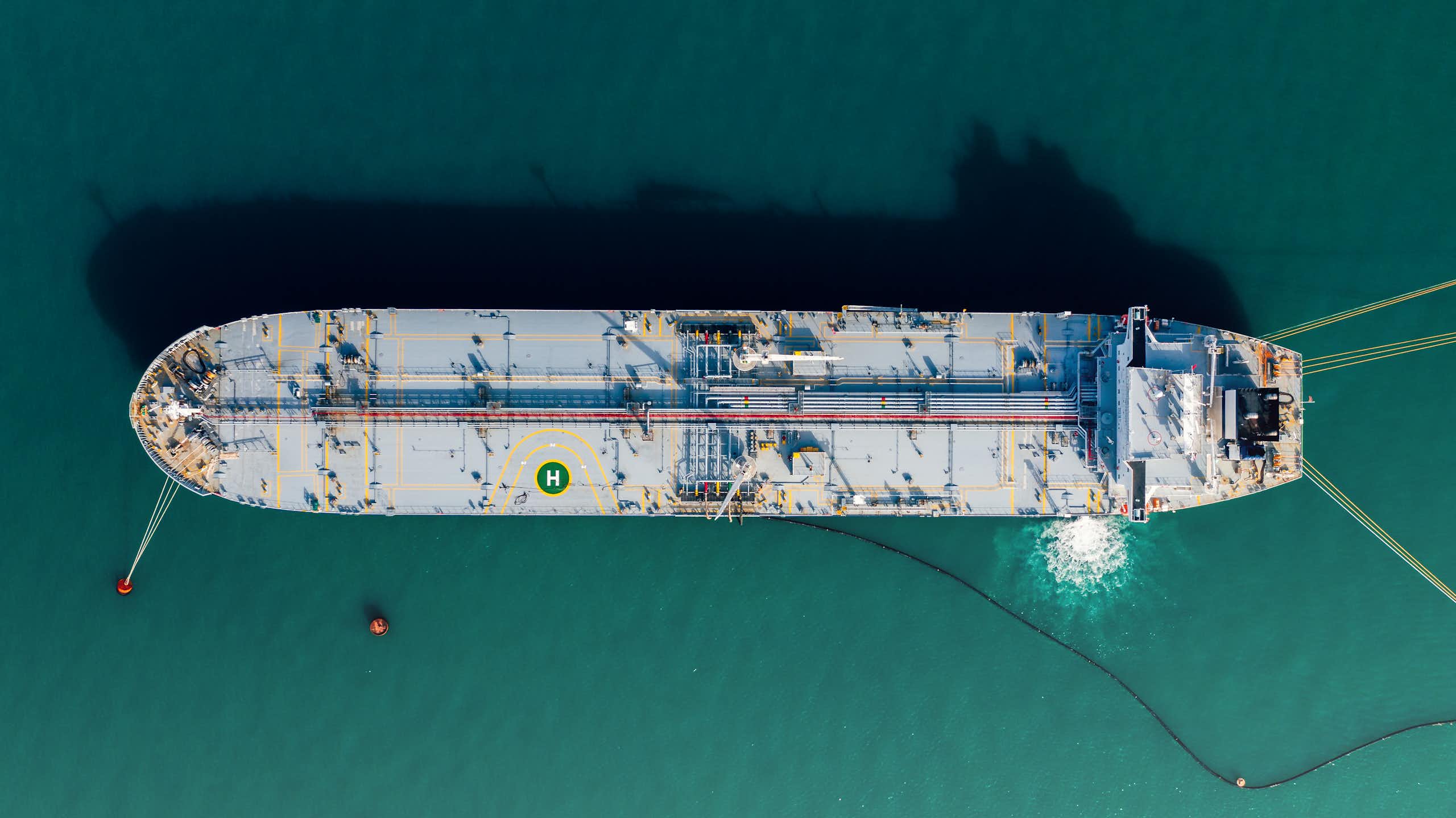 An oil tanker seen from directly above.