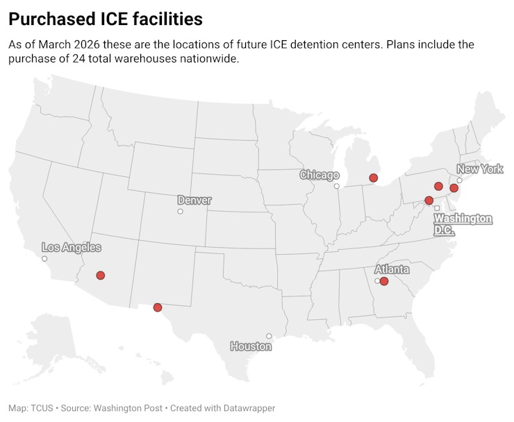 A map outlining cities where ICE has purchased warehouses so far in 2024.