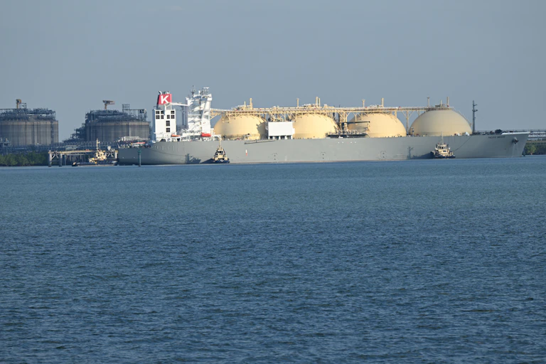 An LNG (Liquefied natural gas) carrier ship is seen at Ichthys LNG onshore process facilities