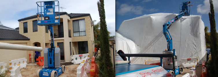 Two images of a two-storey home, before and after being wrapped in white plastic for fumigation