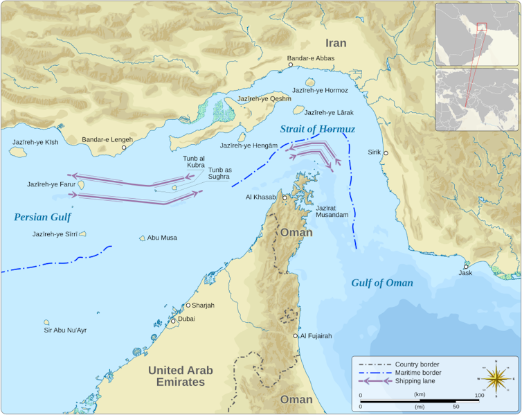 A map of the Strait of Hormuz, which is a narrow body of water between Iran and Oman.