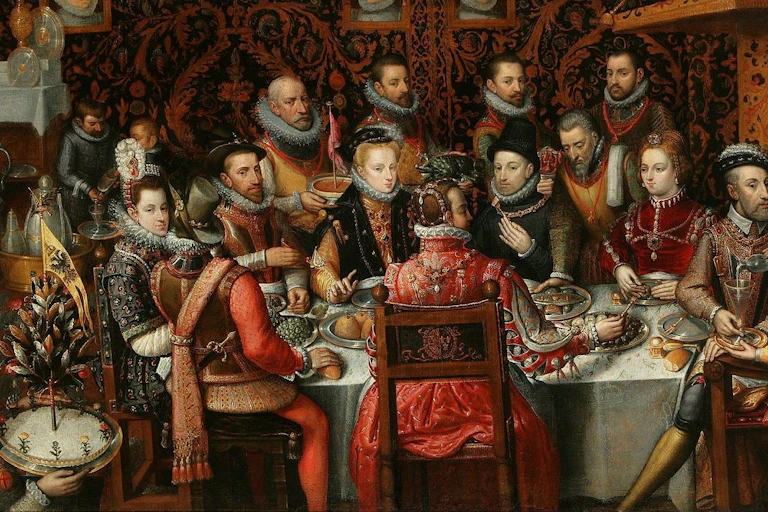 Pintura de unos reyes en una mesa comiendo rodeados de más personas.