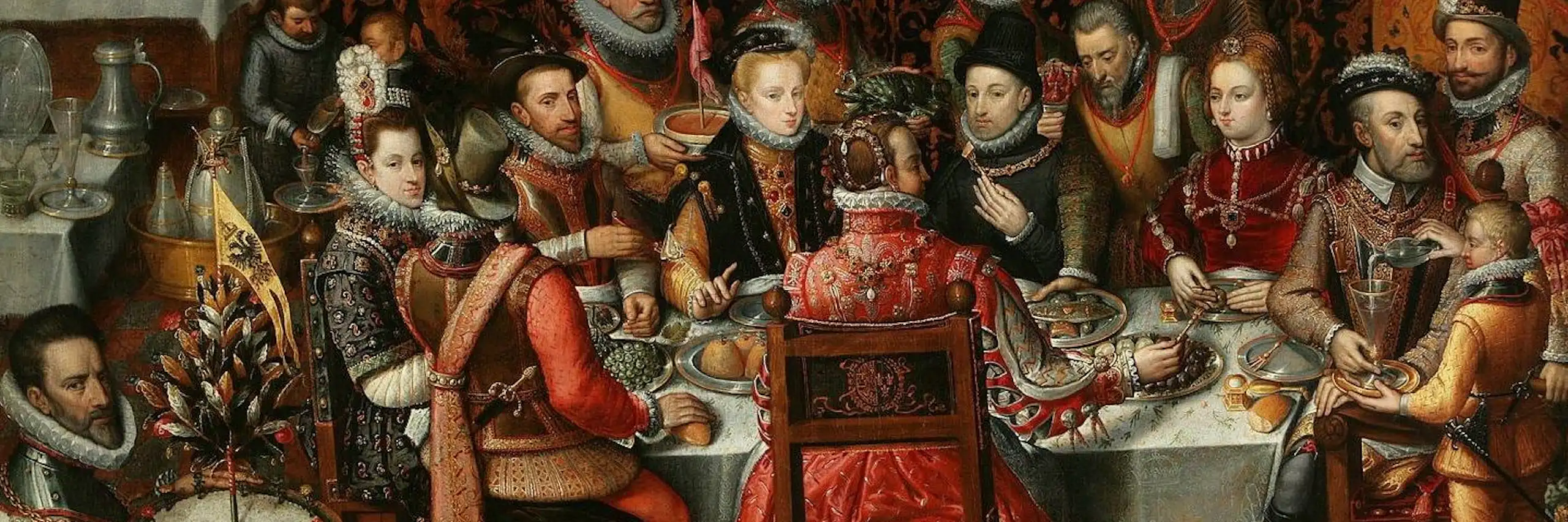 Pintura de unos reyes en una mesa comiendo rodeados de más personas.