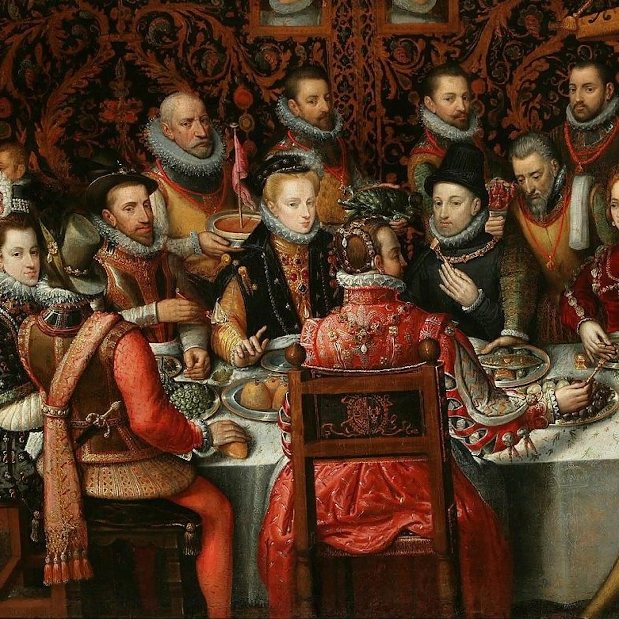 Pintura de unos reyes en una mesa comiendo rodeados de más personas.