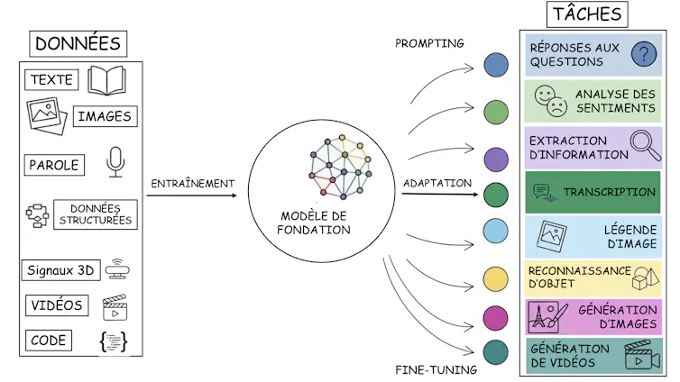 infographie décrivant l’entraînement puis la spécialisation de modèles issus de modèles de fondation