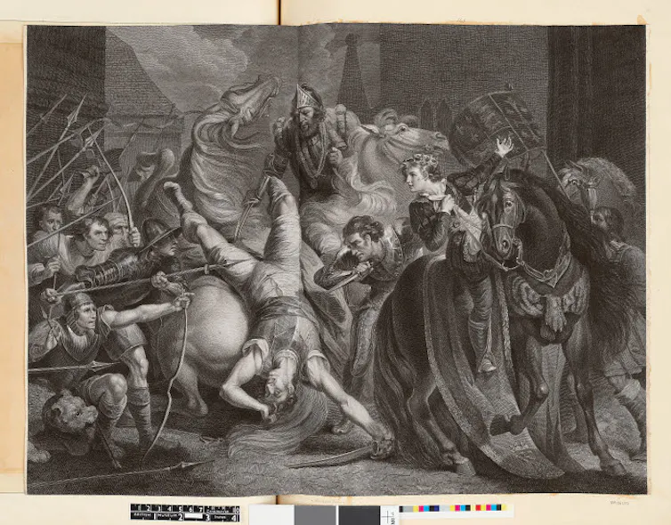 Etching showing the death of Wat Tyler on horse back.