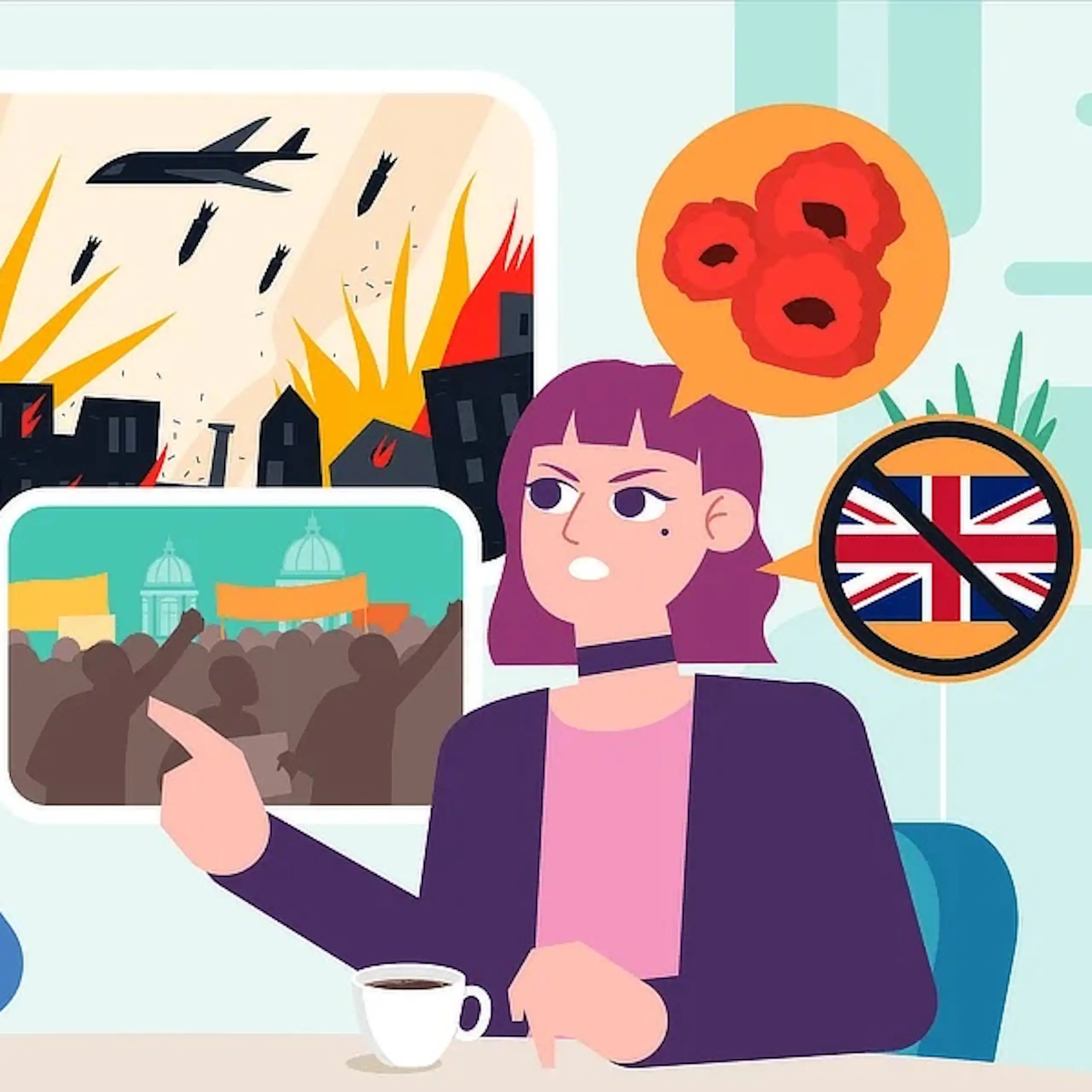 Dibujo de un chico escuchando a una chica de pelo morado con bocadillos llenos de imágenes agresivas.