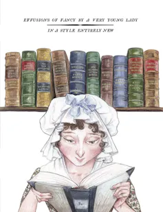 Illustration of Jane Austen and a bookshelf