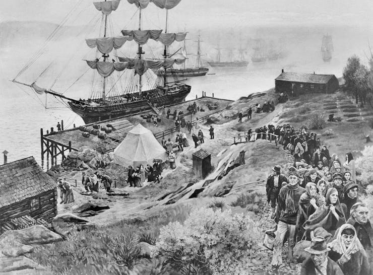 A black and white painting with a long line of people coming off a ship.