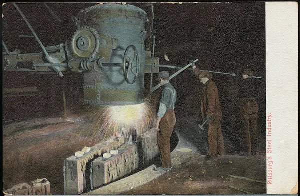 Three men wearing scally caps operate an old welding machine.