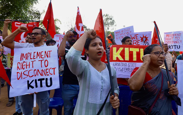 A protest with flags and placards.