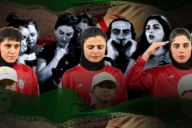 A composite image shows some of the Iranian soccer players during the national anthem, with protesters behind them.