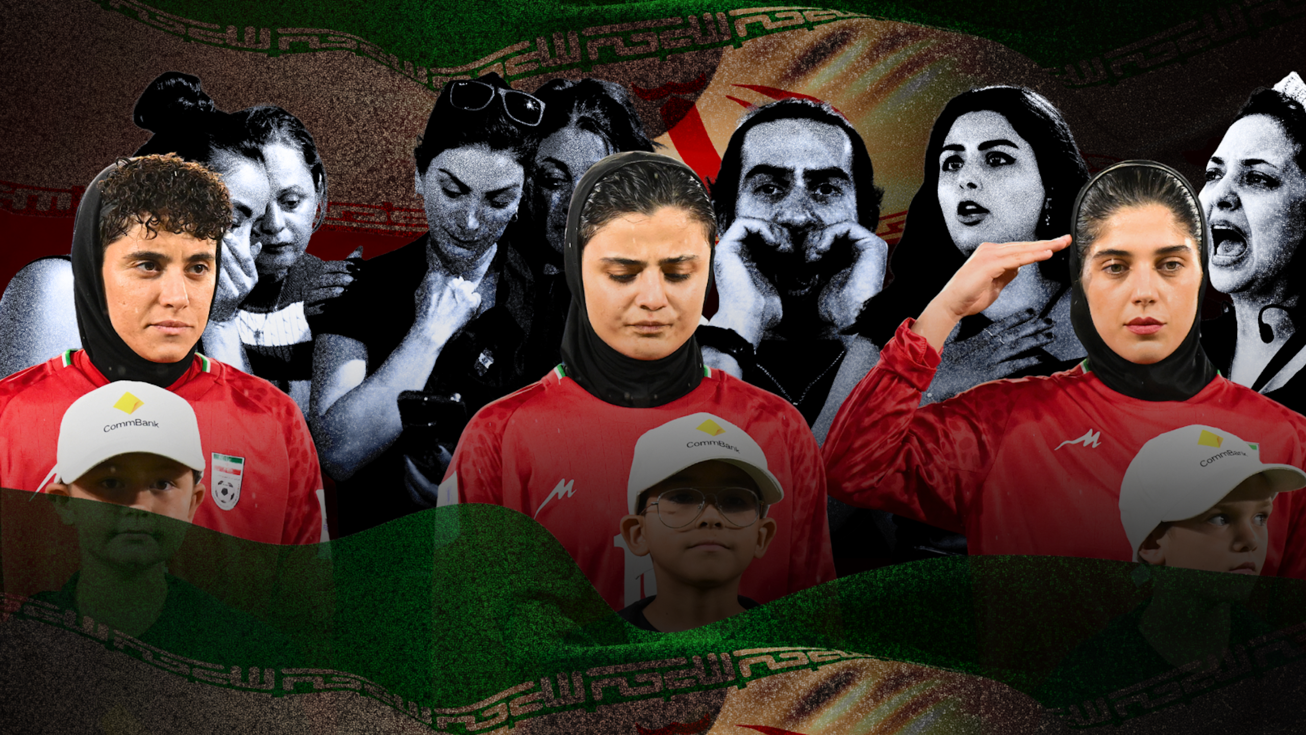 A composite image shows some of the Iranian soccer players during the national anthem, with protesters behind them.