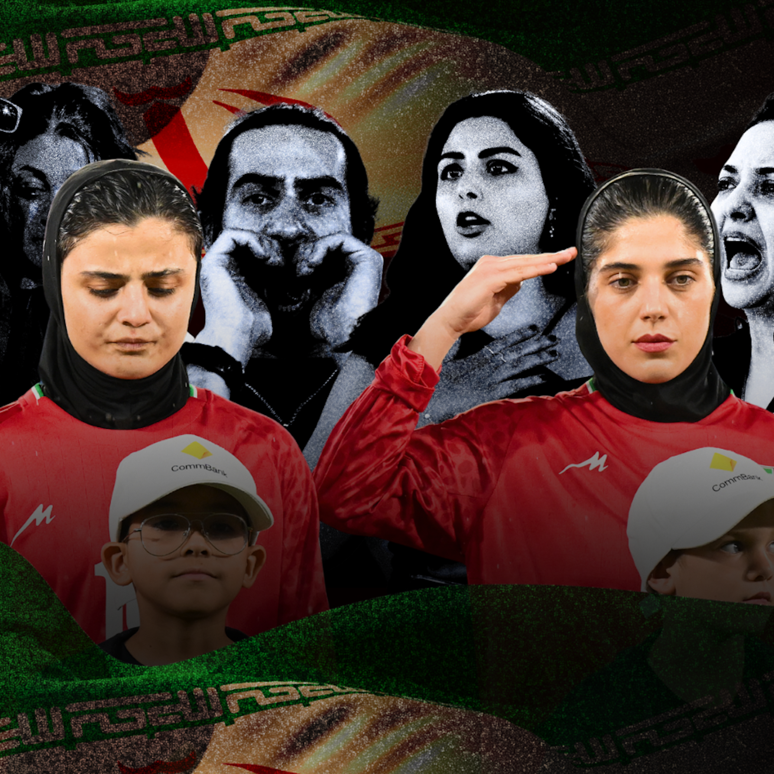 A composite image shows some of the Iranian soccer players during the national anthem, with protesters behind them.