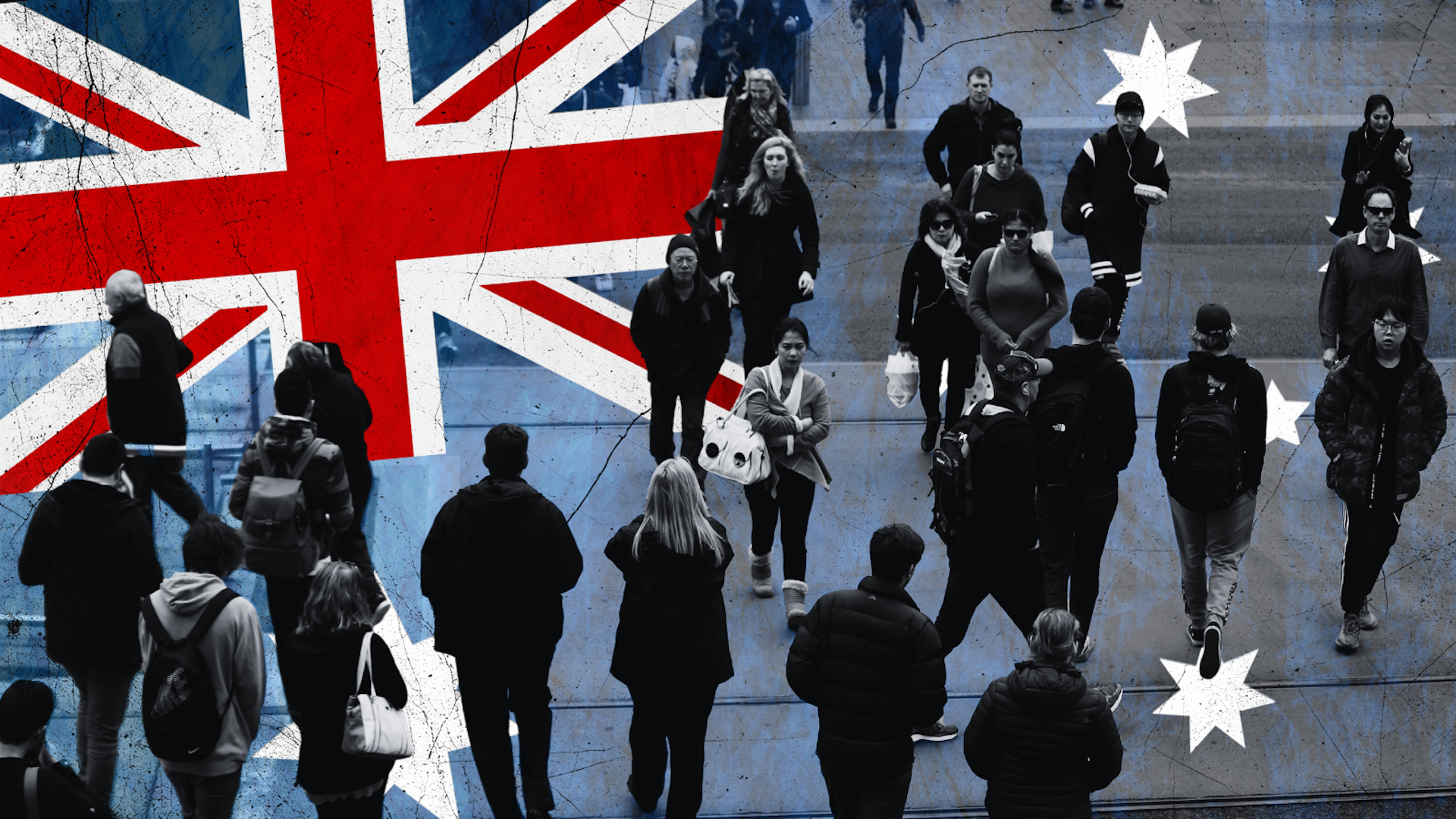 Australian flag superimposed over an image of people walking on a crowded street