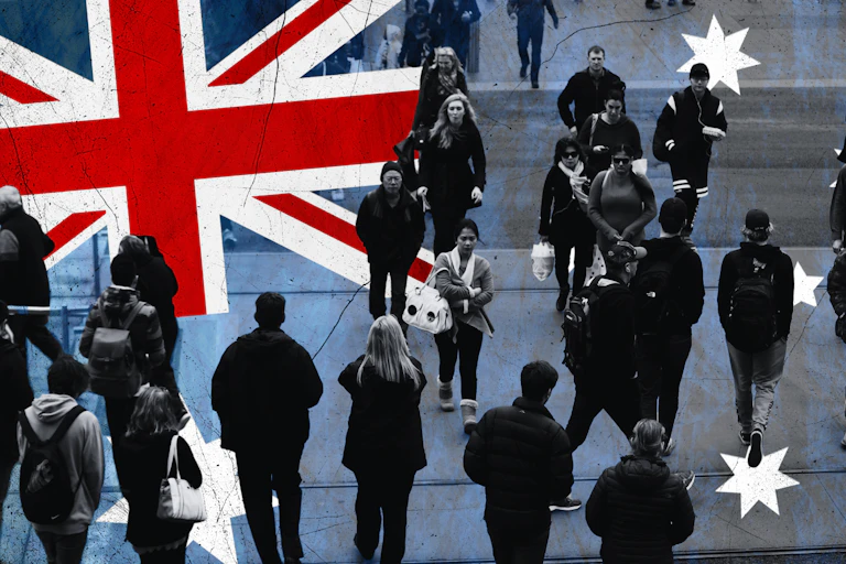 Australian flag superimposed over an image of people walking on a crowded street
