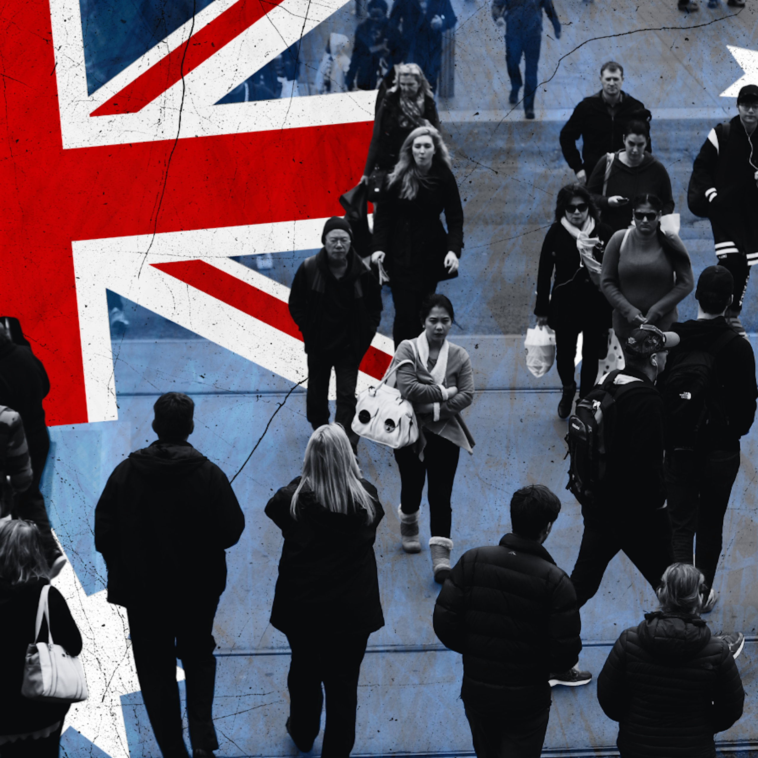 Australian flag superimposed over an image of people walking on a crowded street