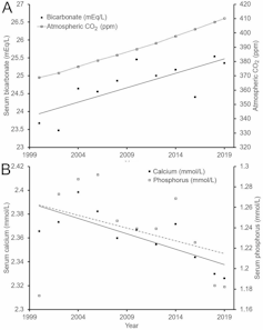 Charts showing atmospheric CO2 increasing over the years 1999-2020, alongside a proportionate rise in blood carbonate levels and falls in blood calcium and phosphorus levels.