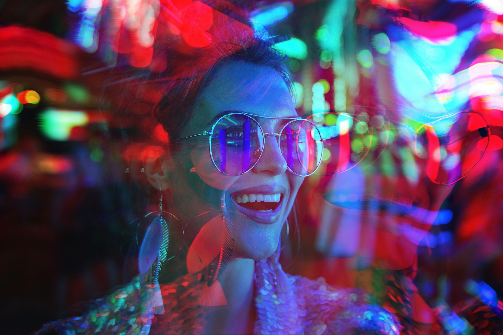 Young woman having psychedelic trip with hallucinations