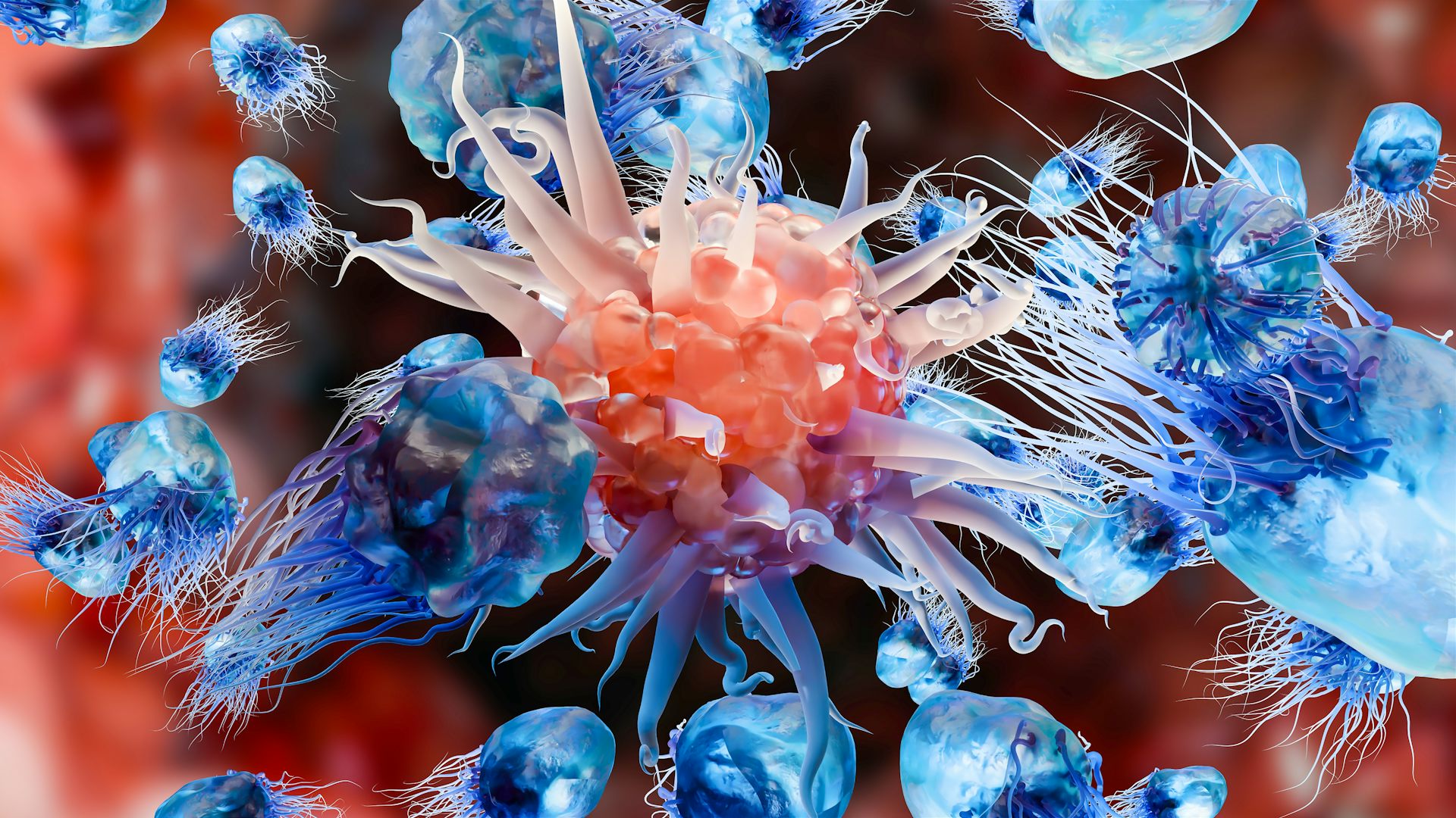A digital depiction of cytokines being released and attacking a cell.