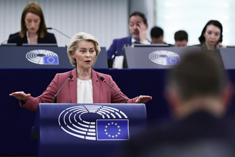 Ursula von der Leyen giving a speech.