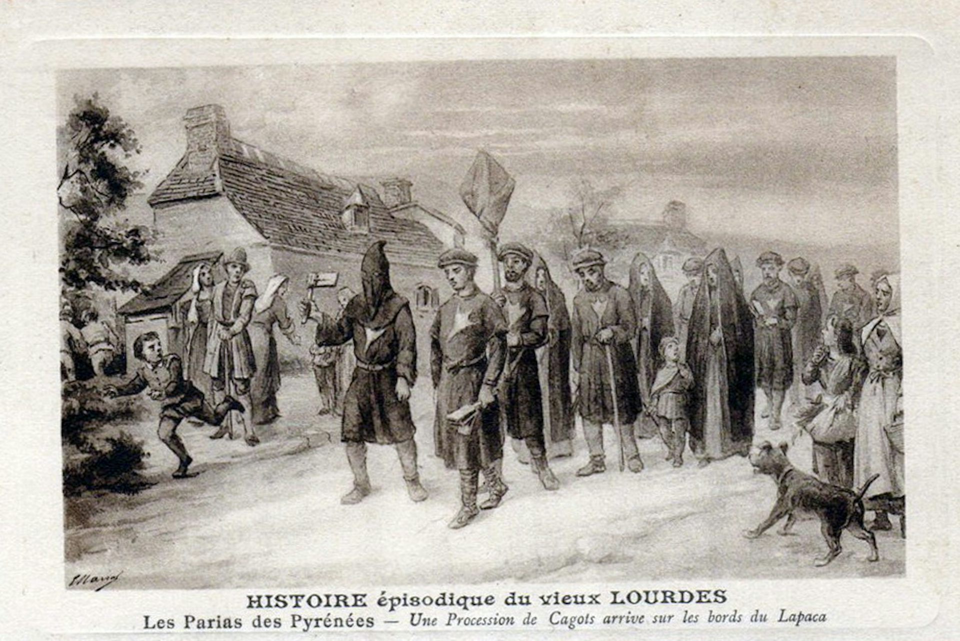 Carte postale représentant une procession de cagots, les « parias des Pyrénées »