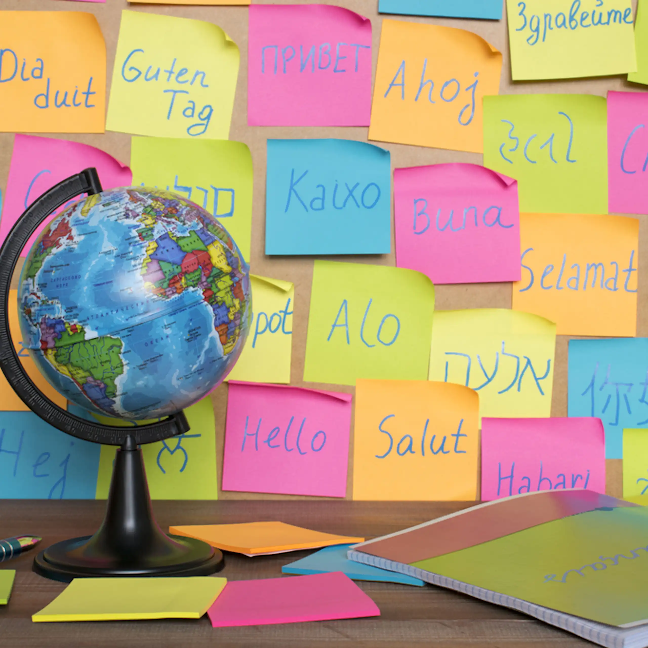 Une mappemonde avec des post-it sur lesquels sont écrits des mots dans différentes langues