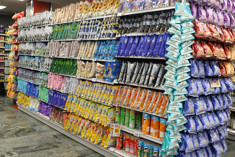 Des aliments industriels dans un rayon de supermarché.