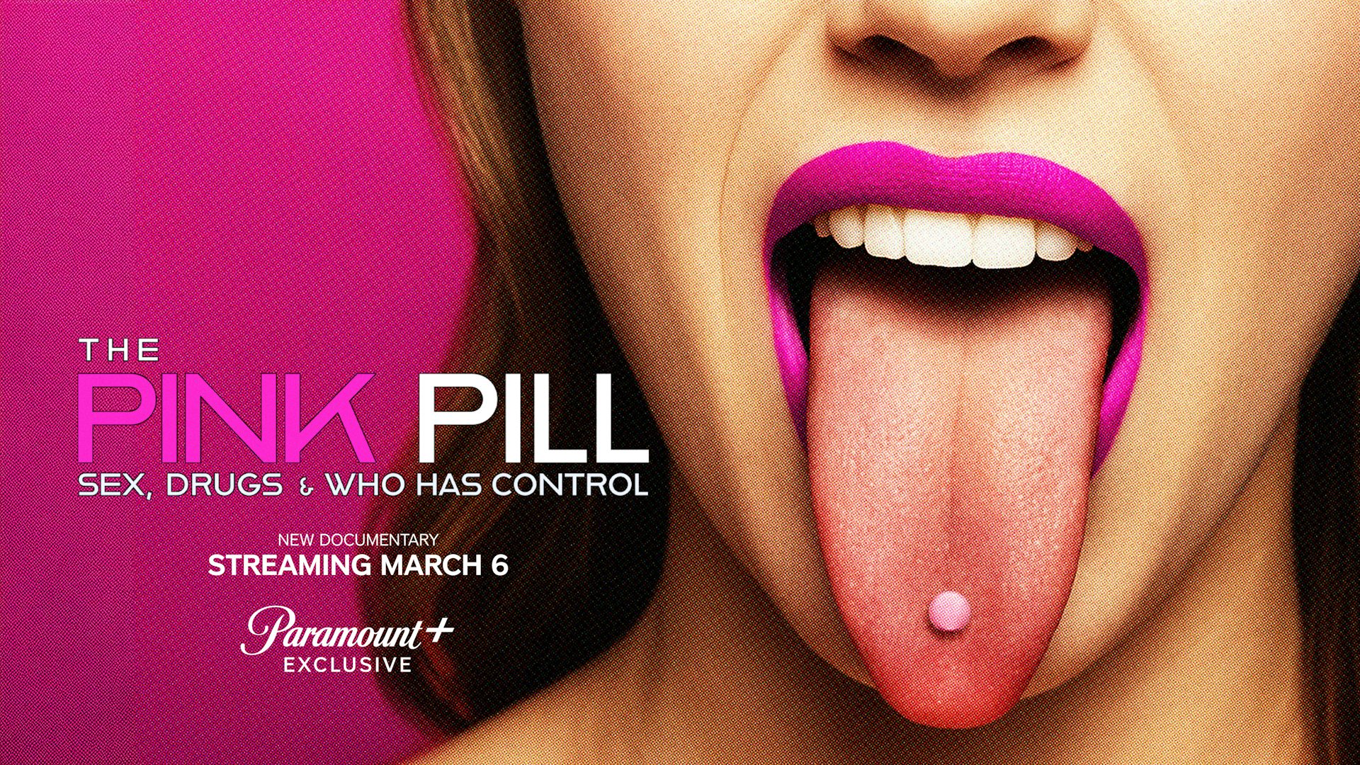 A trailer banner for a movie with a woman sticking her tongue out with a pill on it.