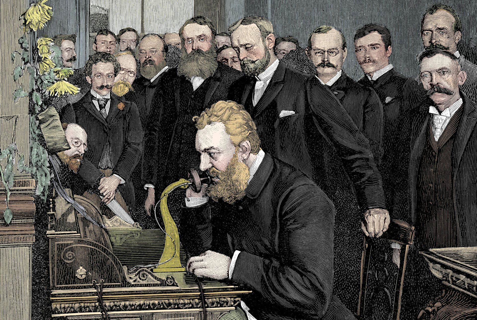 Alexander Graham Bell retratado usando sua tecnologia telef&ocirc;nica inicial para fazer uma liga&ccedil;&atilde;o de Nova York para Chicago.