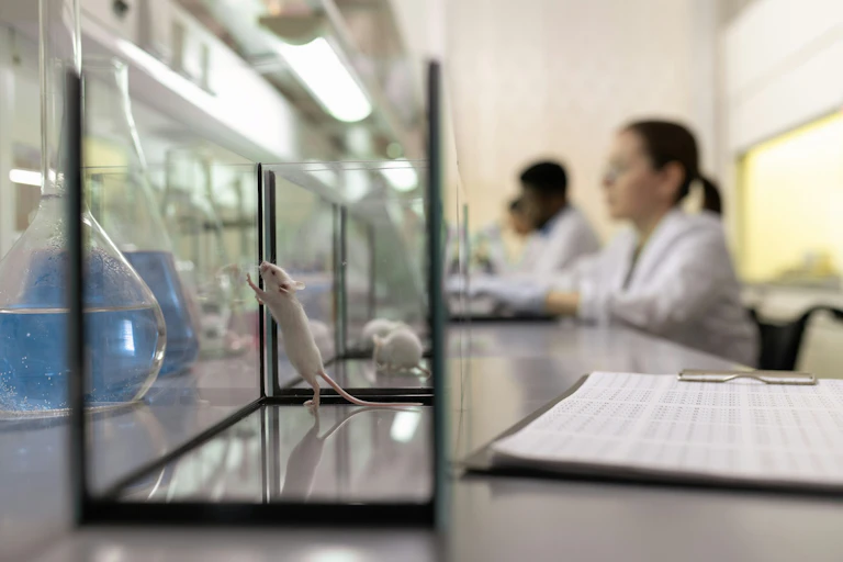 Two mice in glass cages in a laboratory with scientists in the background.