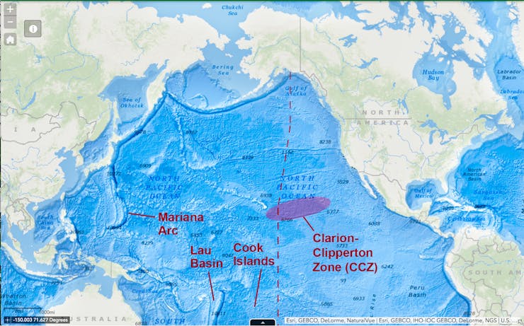 A map shows the Clarion Clipperton Zone in the central Pacific, southeast of Hawaii.