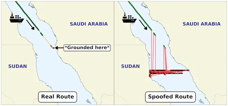 two copies of a map side-by-side showing a body of water