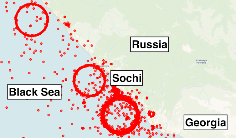 a map showing numerous red dots and three red circles