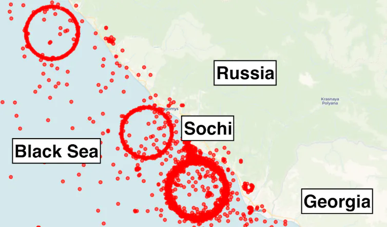 a map showing numerous red dots and three red circles