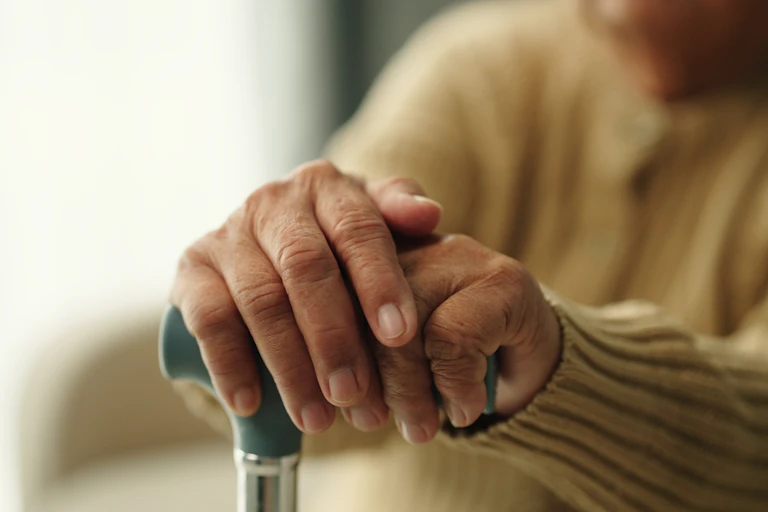 Hands gripping a walking stick.